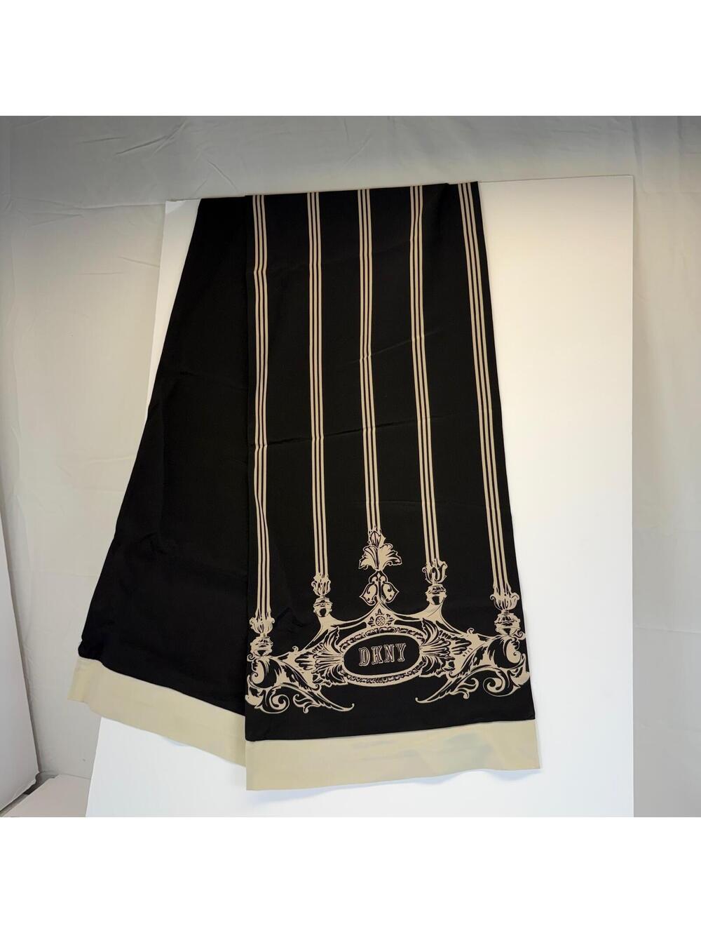 DKNY 100% Silk Scarf Black Cream Gold Stripes Ornate Crown Design